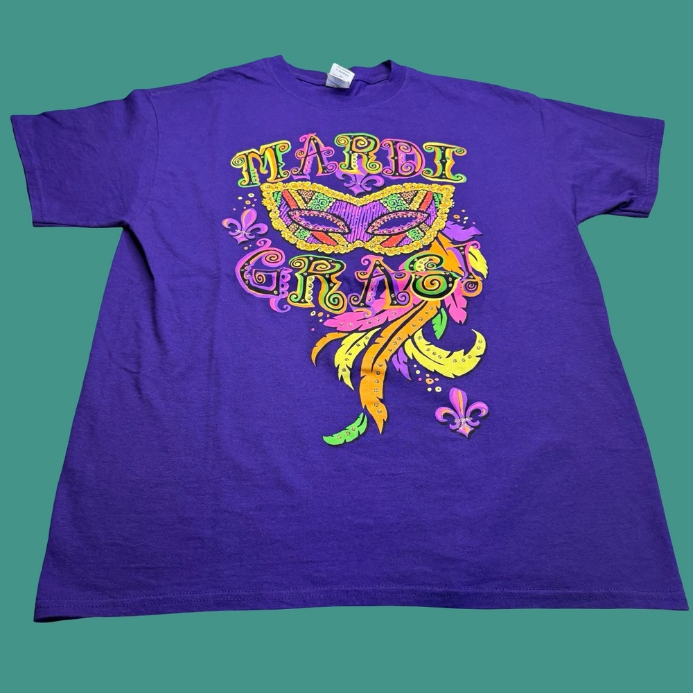 Mardi Gras T Shirt Large Purple Gold Metallic Mask Fleur De Lis Graphic Y2K